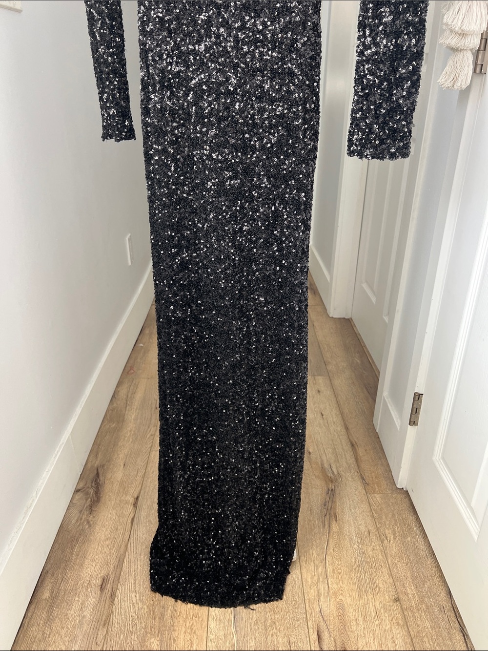 Zara Sequin Long Sleeve Elegant Shoulder Pad Black Long Dress Gown XS - Picture 8 of 11